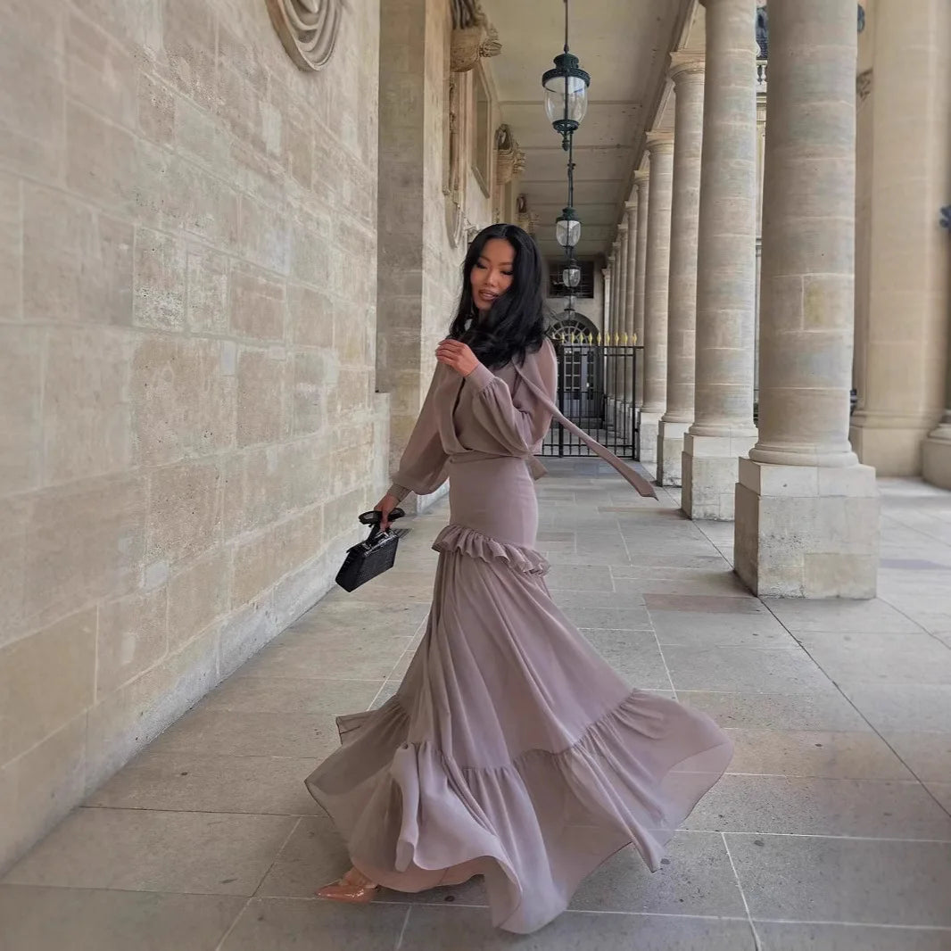 Long Skirt Suit Women 2 Piece Sets Top Shirt Pleated Skirts Ruffles Folds Outfits V Neck 2025 Autumn Office Lady Ensemble