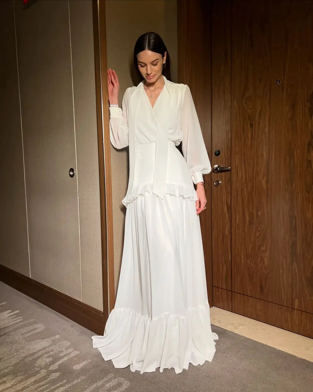 Long Skirt Suit Women 2 Piece Sets Top Shirt Pleated Skirts Ruffles Folds Outfits V Neck 2025 Autumn Office Lady Ensemble