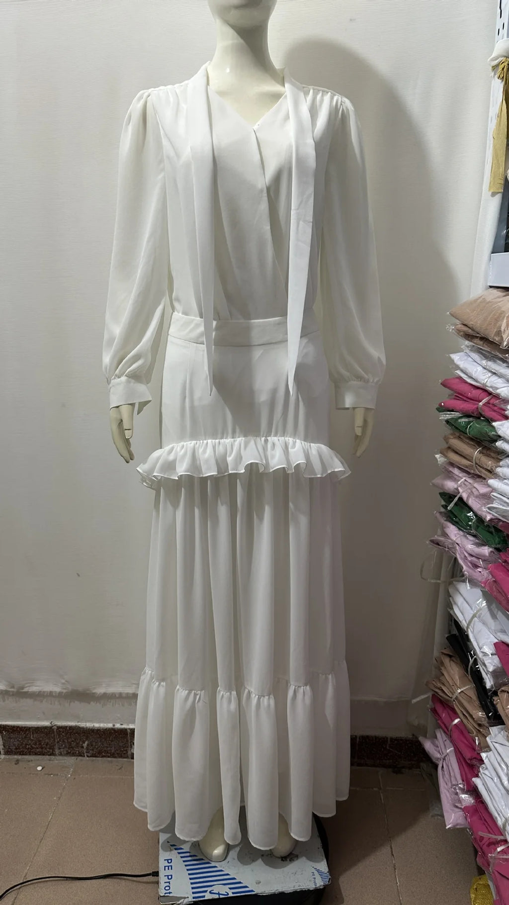 Long Skirt Suit Women 2 Piece Sets Top Shirt Pleated Skirts Ruffles Folds Outfits V Neck 2025 Autumn Office Lady Ensemble
