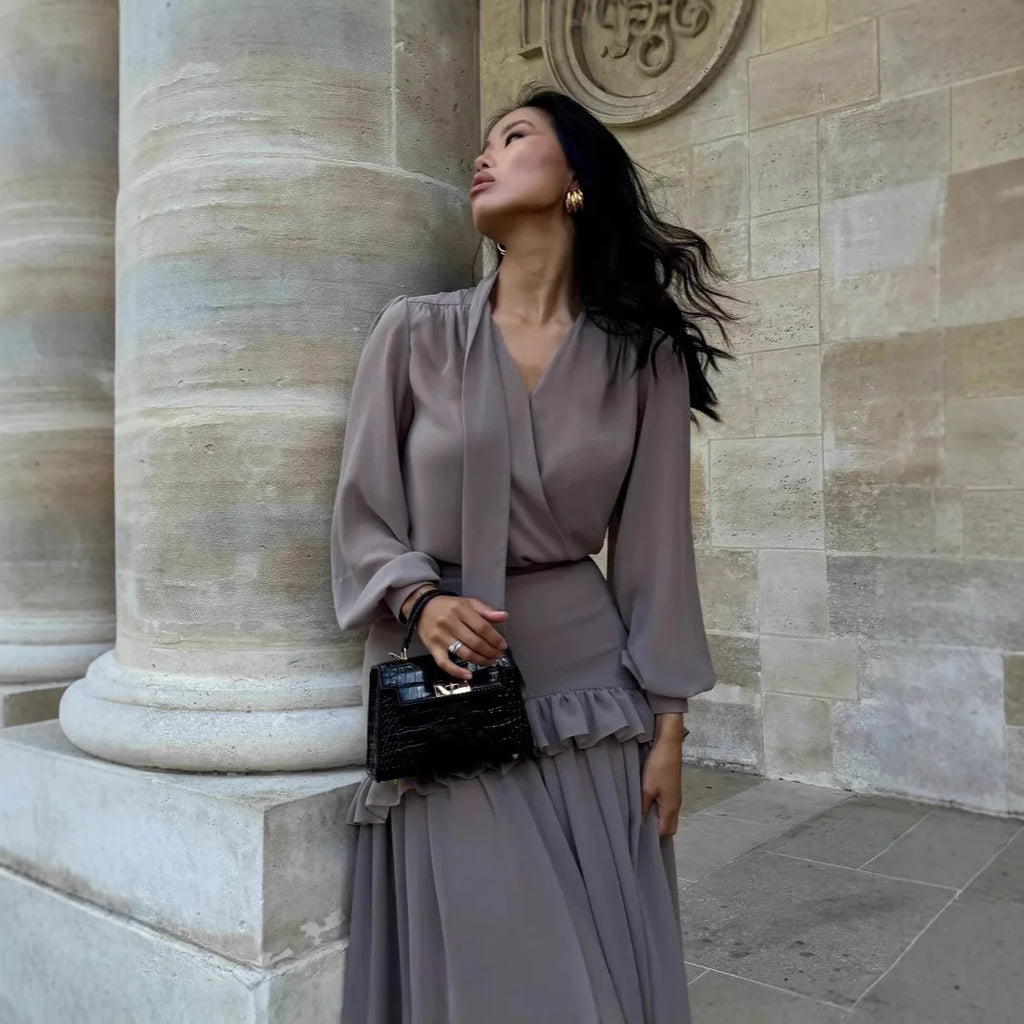 Long Skirt Suit Women 2 Piece Sets Top Shirt Pleated Skirts Ruffles Folds Outfits V Neck 2025 Autumn Office Lady Ensemble
