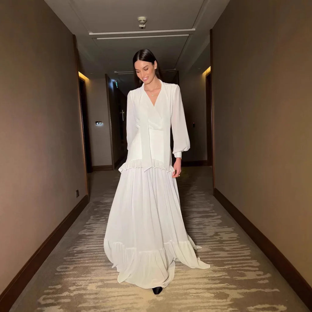 Long Skirt Suit Women 2 Piece Sets Top Shirt Pleated Skirts Ruffles Folds Outfits V Neck 2025 Autumn Office Lady Ensemble
