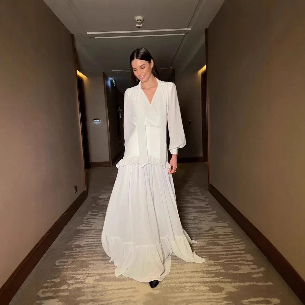 Long Skirt Suit Women 2 Piece Sets Top Shirt Pleated Skirts Ruffles Folds Outfits V Neck 2025 Autumn Office Lady Ensemble