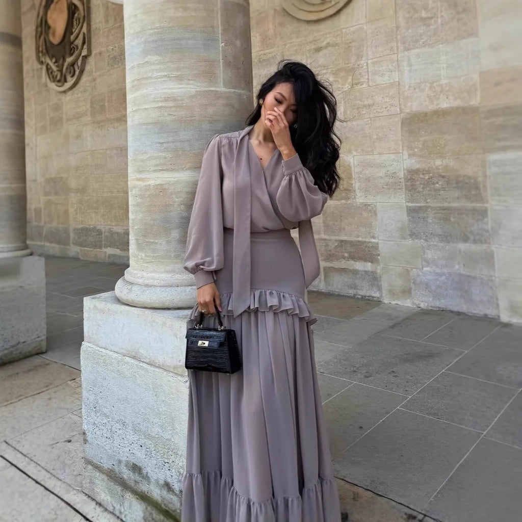 Long Skirt Suit Women 2 Piece Sets Top Shirt Pleated Skirts Ruffles Folds Outfits V Neck 2025 Autumn Office Lady Ensemble
