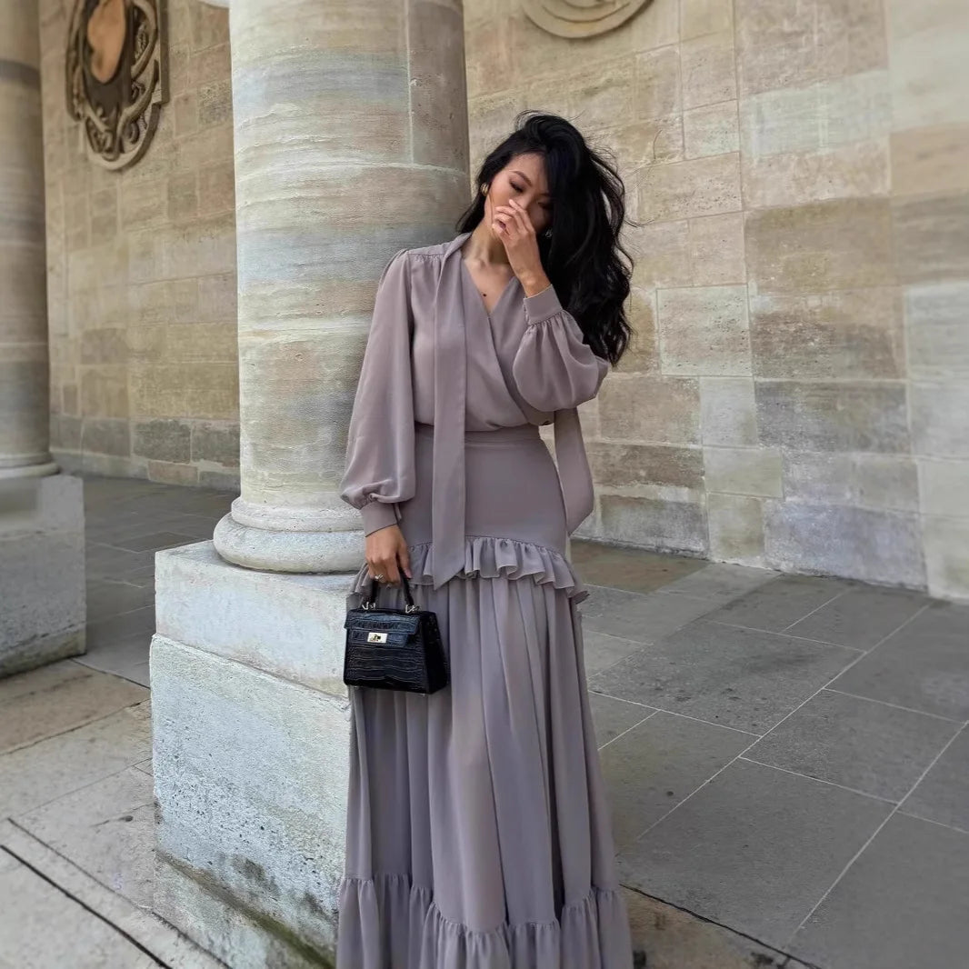Long Skirt Suit Women 2 Piece Sets Top Shirt Pleated Skirts Ruffles Folds Outfits V Neck 2025 Autumn Office Lady Ensemble