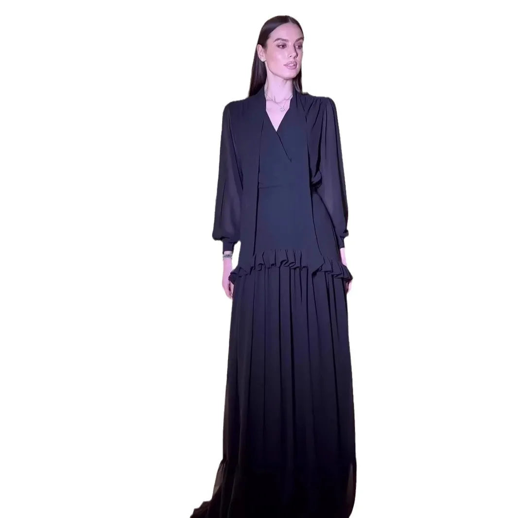 Long Skirt Suit Women 2 Piece Sets Top Shirt Pleated Skirts Ruffles Folds Outfits V Neck 2025 Autumn Office Lady Ensemble